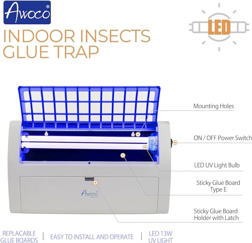 Awoco LED 13W 100V-240V Wall Mount Sticky Fly Trap Lamp XL 78” Extra Long Power Cord for Capturing Flies, Mosquitoes, Moths and Flying Insects (Fly Trap XL) - size: Fly Trap XL