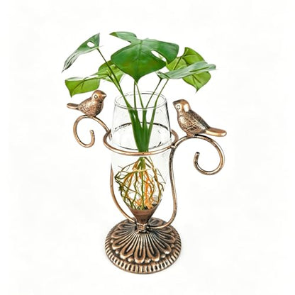 Desktop Glass Propagation Vases, Plant Terrarium with Metal Stand - color: Golden Bird, size: 7.1"×6.6"
