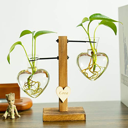 Kingbuy Heart Shaped Glass Hydroponic Vase with Retro Wooden Stand - Desktop Plant Terrarium for Bulb Planter, Water Plant Propagation Glass Vase Pot Planter Flower Desktop Decoration Home Garden - size: Heart （2 Bulb Vase）