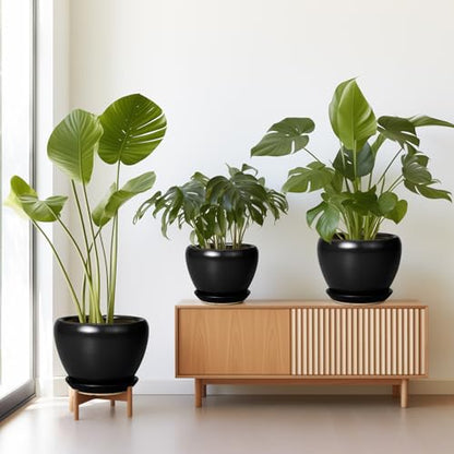 Ceramic Planters Pots - 10 Inch 8 Inch 6 Inch Plant Pots Indoor with Drainage Holes and Saucers Large Planters Mid-Century Flower Pots Outdoor Set of 3 Black - color: Black