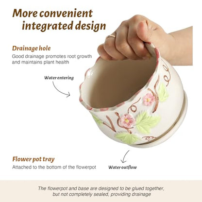 Ceramic Plant Pots with Drainage Holes and Saucers, Small Planters Set of 3 - color: White03