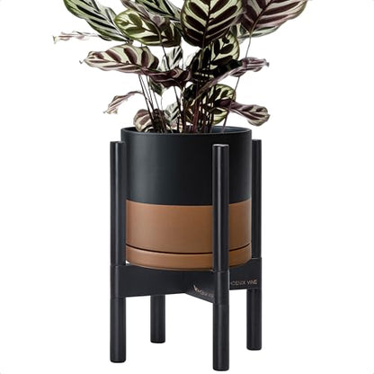 D'vine Dev Ceramic Pot with Ebony Wood Stand, Black/Tan, 8 in, 55-B-M-7 - color: Black/Speckled Tan Pot + Ebony Stand, size: 8 Inch