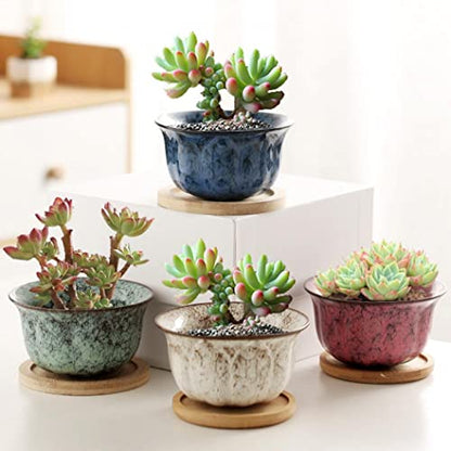 YYW 3 Inch Ceramic Plant Pot Set of 4 with Drainage and Bamboo Tray(Set 3) - color: Set 3, size: One Size