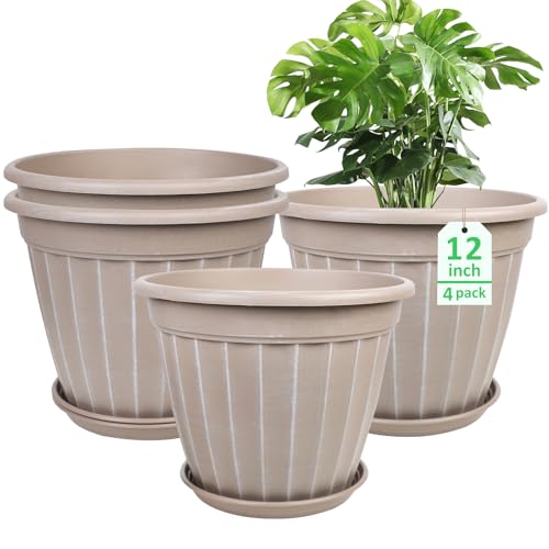 12 Inch Pots for Plants,4 Pack Tall Planter,Large Flower Pot Outdoor - color: Beige, size: 12 inch-4 pack