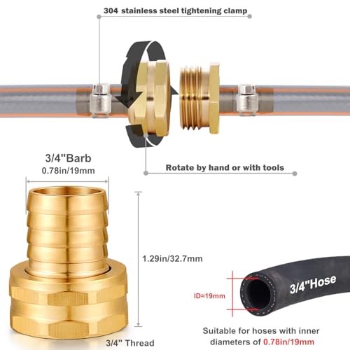 Solid Brass Garden Hose Repair kit Connector with Clamps 3/4" Barb x 3/4" Female,Fit for Garden Hose Fitting,Male and Female Hose Fittings - size: 3/4" Barb x 3/4" Female