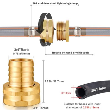 Solid Brass Garden Hose Repair kit Connector with Clamps 3/4" Barb x 3/4" Female,Fit for Garden Hose Fitting,Male and Female Hose Fittings - size: 3/4" Barb x 3/4" Female