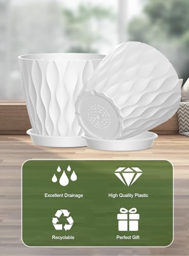 Set of 6 Plant Pots 4 inch Pots, Plastic Planters with Drainage Holes and Saucers,Plastic Flower Pots,Nursery Planting Pot for Indoor Out Door Plants（White） - color: White