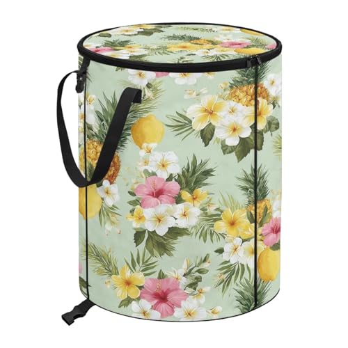 BIGCARJOB Floral Pineapple Collapsible Trash Can Portable Tall Trash Can Oval Recycling Bin 22.83x17.71 Outside Garbage Bin Storage Bag with Clip and Zipper Lid - color: Floral Pineapple