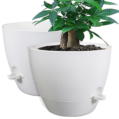 UOUZ 12inch 2Pack Large Self Watering Planters, Plastic Plant Pots with 60oZ Removable Deep Reservoir and Multi Mesh Drainage Holes for Indoor Outdoor Garden Plants and Flowers, White - color: White
