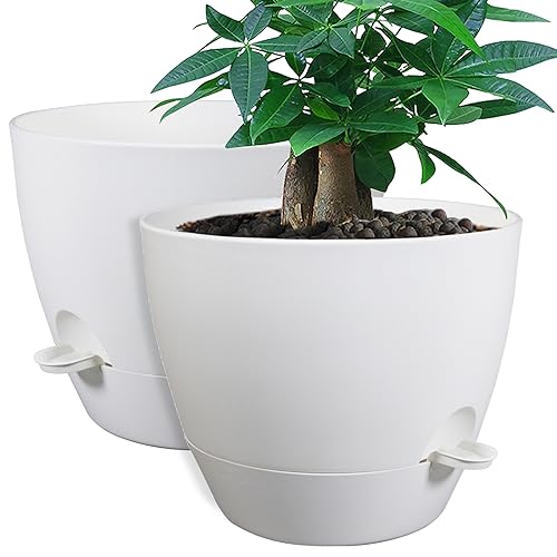 UOUZ 12inch 2Pack Large Self Watering Planters, Plastic Plant Pots with 60oZ Removable Deep Reservoir and Multi Mesh Drainage Holes for Indoor Outdoor Garden Plants and Flowers, White - color: White