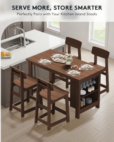 SERWALL Outdoor HDPE Counter-Height Bar Stools Set of 2, Brown - color: Brown, size: 2 Bar Stools