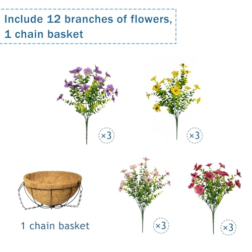 Artificial Hanging Flowers, UV Resistant, 12 Bundles, Mix - color: Purple+pink+yellow+rose Red
