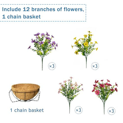 Artificial Hanging Flowers, UV Resistant, 12 Bundles, Mix - color: Purple+pink+yellow+rose Red
