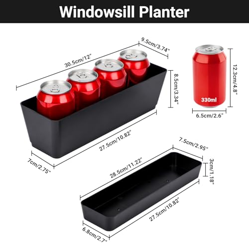 GREANER 12x3.8 Inch Herb Planters, 1 Pack Rectangle Window Boxes with Tray, Indoor Succulent Cactus Mint Plastic Pot for Windowsill, Balcony, Office, Outdoor Garden - Black - size: 1Pack/12x3.8in-black
