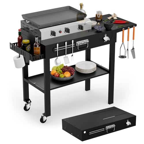 Grill Cart, Portable Grill Table for Blackstone Griddle, Foldable Outdoor BBQ Stand with Side Tray ＆ Hooks, Movable Pizza Oven Table for Outdoor Use, Fit 17"/25"/30" Large Space - color: Black