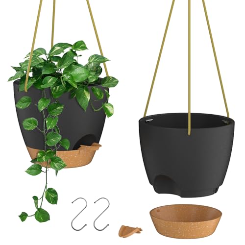 ZMTECH 6.5 Inch Hanging Planters for Indoor Outdoor Plants, 2 Pack Self Watering Hanging Plant Pots with Drainage Holes and Removable Saucer, Plastic Flower Hanging Pots with Watering Lip (Black) - color: Black, size: 6.5 Inch