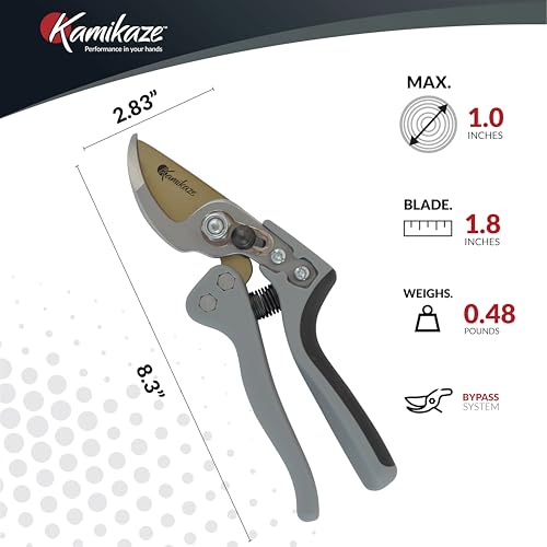 KAMIKAZE Heavy-Duty Professional Pruning Shears for Gardening, Ergonomic Comfort Handle, SK5 High-Carbon Steel Bypass Blade, Cuts Branches Up to 1 Inch, Garden Clippers for Tree and Shrub Trimming - color: Grey