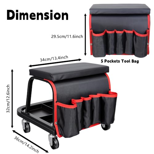 Rolling Mechanic Garage Stool on Wheels with Side Pockets, Black - color: Black
