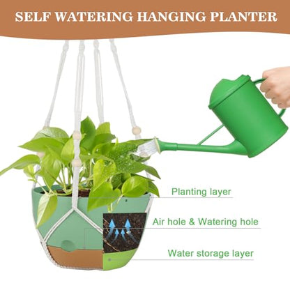 3 Pack Hanging Planter for Indoor Plants, 10inch Self-Watering Hanging Plant Pot, Macrame Plant Hanger with Pot, Chain, S & Ceiling Hooks, Removable Saucer and Drainage Holes for Garden Home - Green - color: Green