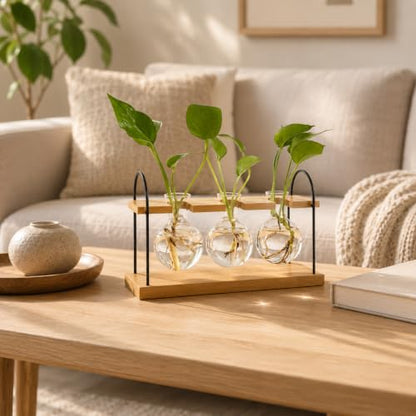 Plant Propagation Station with Bamboo Stand 3 Bulb Glass Vase Plant Terrarium, Hydroponic Planter for Desk & Office Decor, Gardening Gifts for Women Plant Lovers, Care Guide Included