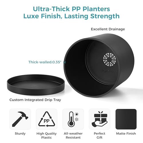 FaithLand 14-Inch Large Modern Cylinder Planter, Thick-Walled Plastic Plant Pot with Drainage Holes and Detachable Saucer, Matte Black, Ideal for Indoor & Outdoor Plants Flowers - color: Matte Black, size: 14 Inch