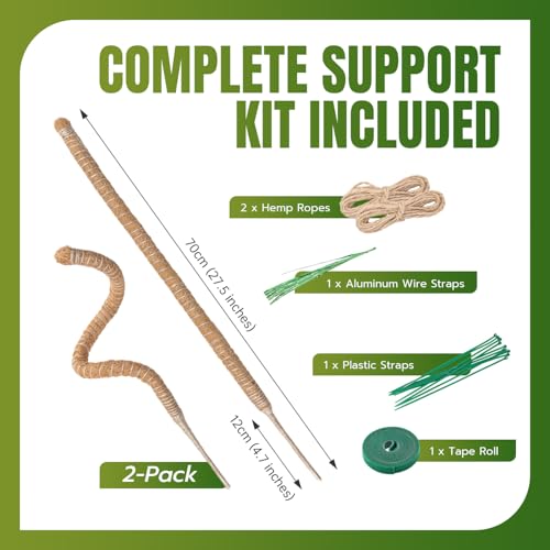 Mcbazel 2 Pack 27.5 Inch Bendable Moss Pole for Plants Monstera - Coco Coir Plant Support Stakes for Climbing Indoor Pothos, Potted Climbers & Philodendron - Flexible Stick Kit with Full Garden Ties - size: 2x70CM/27.5inch