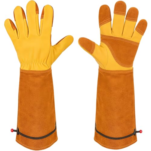 Aegend Long Gardening Gloves, Reinforced Fingertips Cowhide Leather, Elbow-Length Gauntlet Cuff, Breathable & Flexible for Rose Pruning, Planting & Weeding, Fit for Small Hands (Gold Yellow, S) - color: Golden Yellow, size: Small