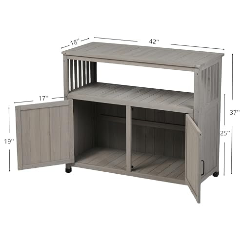 Outdoor Deck Box and Patio Storage Cabinet in Grey Solid Wood, 42-Inch Weather Resistant Storage Box for Garden Tools and Pool Accessories, Versatile Buffet Sideboard and Bar Table for Deck - color: Grey - 42.00 X 18.00 X 37.00 Inch