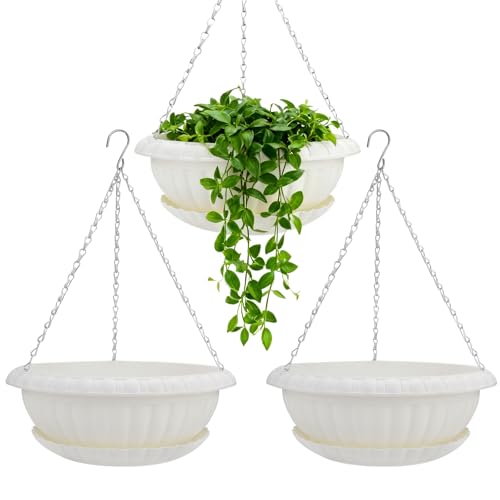 summer flower ‌3 Pack White Hanging Planters 12.59in Plastic Pots with Drainage Holes & Trays for Indoor Outdoor Garden Wall Window Decor - color: White-xpots