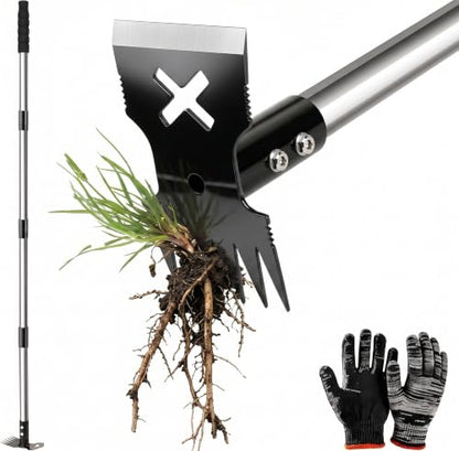 Weed Puller Tool with Long Handle - 60" Stand Up Weed Remover Tool, Upgraded 11-Tine 2 in 1 Manual Weed Rake and Garden Hoe, Heavy Duty Manganese Steel Uprooting Tool for Yard, Lawn, Patio