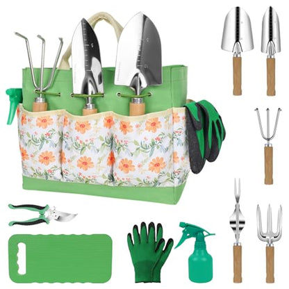 LeMotech Gardening Tools, 10-Piece Heavy Duty Garden Hand Tools Set with Wooden Handle, Durable Fashion Organizer Bag for Garden Supplies, Gardening Gifts for Women Grandmother, Yellow Floral Pattern - style: Yellow Floral Garden Bag