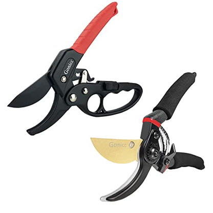 gonicc 8" Professional Ratchet Anvil Pruning Shears (GPPS-1011) and Premium Titanium Bypass Pruning Shears (GPPS-1003), Ratcheting Mechanism, Anvil Groove Design, Garden Shears Clippers, Anvil Pruner,