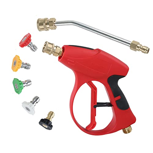 Sooprinse Short Pressure Washer Gun 3000 PSI, 7 Inch Replacement Extension Curved Wand, 5 Nozzle Tips, M22-14 Inlet - color: Red