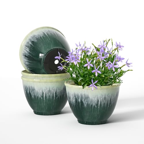 8Inch Plastic Glazed Plant Pots for Plants with Drainage for Home Garden - color: Green Glaze