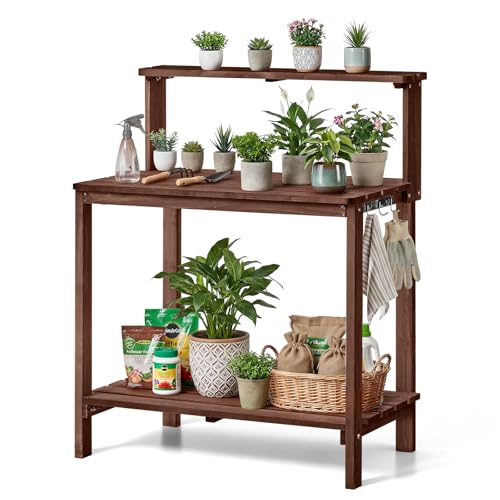 VEVOR Potting Bench Table, Outdoor Gardening Workstation with 36 x 20 in Wood Tabletop, Garden Planting Work Station with Storage Shelves, Hook for Outside Patio, Backyard, Brown - color: Dark Brown 3-layer, size: 36x20x43inch