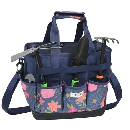 Hard Bottom Floral Garden Tool Tote Bag with Shoulder Strap - color: Blue Floral