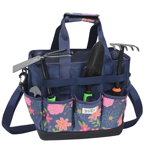 Hard Bottom Floral Garden Tool Tote Bag with Shoulder Strap - color: Blue Floral