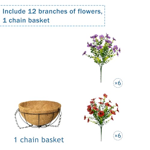 Artificial Hanging Flowers, UV Resistant, 12 Bundles, Red Purple - color: Purple+red