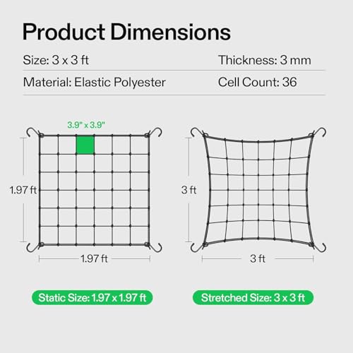 3x3 Ft Heavy Duty Elastic Trellis Netting for Climbing Plants - 2-Pack Plant Support Net with 4 Hooks, Durable Polyester Mesh for Grow Tents, Vegetables, Fruits & Flowers (Black) - size: 3x3ft Stretched size-3mm d