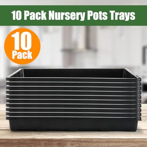 RooTrimmer 10 Pack Nursery Pots Trays (17"x11"x2"), Plastic Flat Seed Starter Trays, Durable Carrying Seedling Starter Tray, Reusable Tray for Planting and Collecting Drainage Water (Black) - color: Black, size: Holding Trays-10P