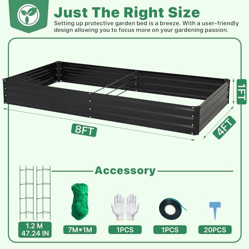 ONCEMORE Galvanized Raised Garden Bed for Vegetables Flowers Herbs, Metal Raised Garden Bed Kit with 2 PCS Tomato Cage, Gloves, Trellis Netting, Plant Labels, Plant Ties, Black 8×4×1FT - color: Black, size: 8x4x1 FT