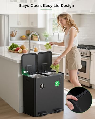 Lovewind 2×11.5 Gallon Dual Trash Can, Stainless Steel Dual Garbage and Recycling Can with Foot Pedal, 90° Stay-Open Lid, Pet-Proof Design – Large Dual Compartment Trash Recycling Bins Kitchen, Black - color: Black, size: 23 Gallon