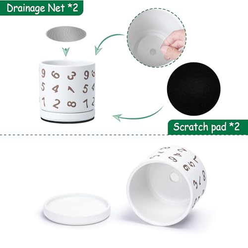 D'vine Dev Set of 2 Ceramic Planter Pots with Drainage Hole and Saucer, 4.5 Inch Plant Pots for Plants Indoor Houseplants, White, 99-Z-B-1-V - size: 4", style: Numbers White