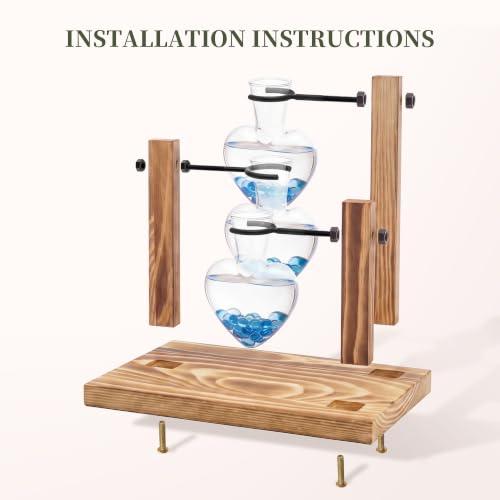 Plant Propagation Station, Heart-Shaped Hydroponic Glass Vase with Wooden Stand Decorative Propagation Stations with Blue Glass Beads for Home Desk Office Gardening Gifts for Plant Lovers
