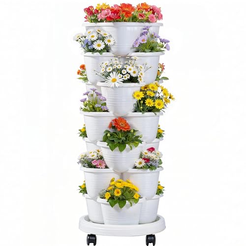 VECELO 7 Tier Vertical Garden Planter, Self Watering Stackable Planters with Wheels for Strawberries, Herbs, Flowers, Vegetables, White - color: White, size: 7 Tier