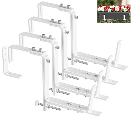 Y&M 4 Pcs Deck Railing Adjustable Planter Box Brackets (6 to 12.5 in), Universal Heavy Duty Iron Flower Box Brackets Wall Mounting Hooks for Fences, Patio, and Garden - White (Patent Registered) - size: 4 Pcs - White