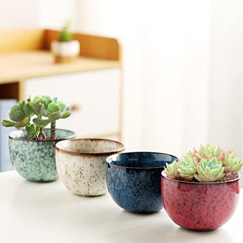 YYW 3 Inch Ceramic Plant Pot Set of 4 with Drainage and Bamboo Tray(Set 2) - color: Set 2, size: One Size