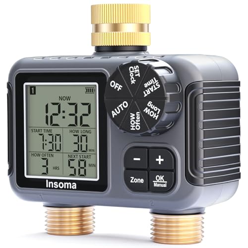 Insoma 2-Zone Sprinkler Timer with Brass Inlet & Outlet, Water Timer for Garden Hose with Auto/Manual/Rain Delay Mode, Big LCD Display, Easy Setup Hose Timers for Lawn, Garden, Vacation Watering - size: 2 Zone-V2.0-Brass