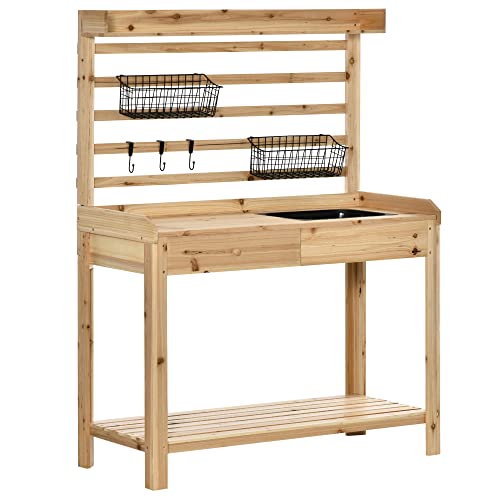 Potting Bench Table, Garden Work Bench, Workstation with Metal Sieve Screen, Removable Sink, Additional Hooks and Baskets for Patio, Courtyards, Balcony, Natural