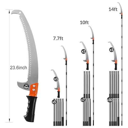 14FT Pole Saw for Tree Trimming 2-in-1 Hand Saw Steel Blade Extension Pole - size: 14 FT
